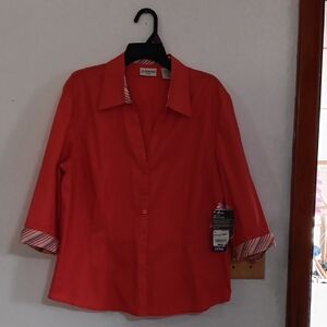 Orange Button-Up Shirt with Striped Cuffs